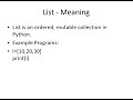 Tuple Meaning , Functions and Methods | List operations | Example Program