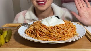 Bol Salçalı,Domates Soslu Ve Yoğurtlu Spagetti Asmrtürkçe Asmr