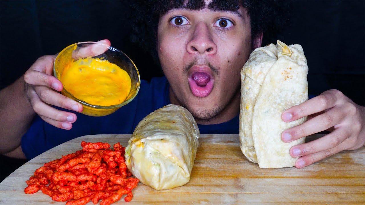 ASMR MUKBANG MOE’S BURRITOS WITH HOT CHEETOS AND CHEESE (EATING SOUNDS)