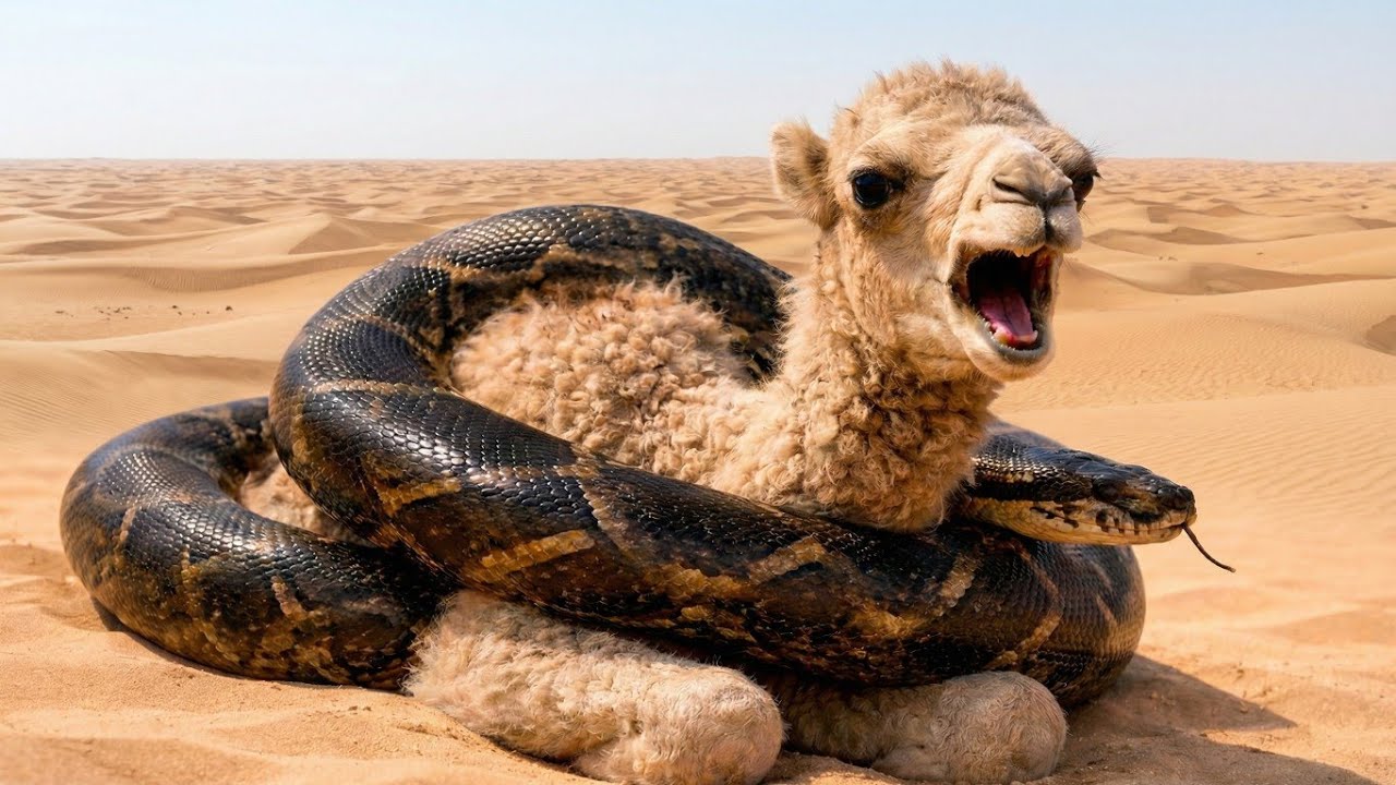 Epic Rescue ||Helicopter Hero Blasts Fire Extinguisher to Save Baby Camel from Deadly Python Attack.