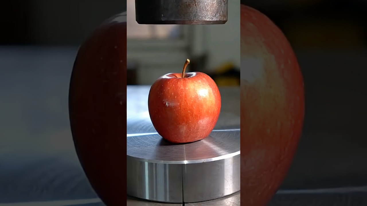 Hydraulic press crushing apple 