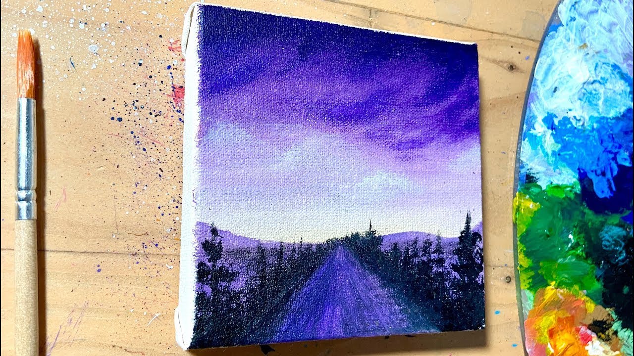 Painting Easy Aesthetic Purple Sunset Road Scenery Easy - Acrylic Painting for Beginners