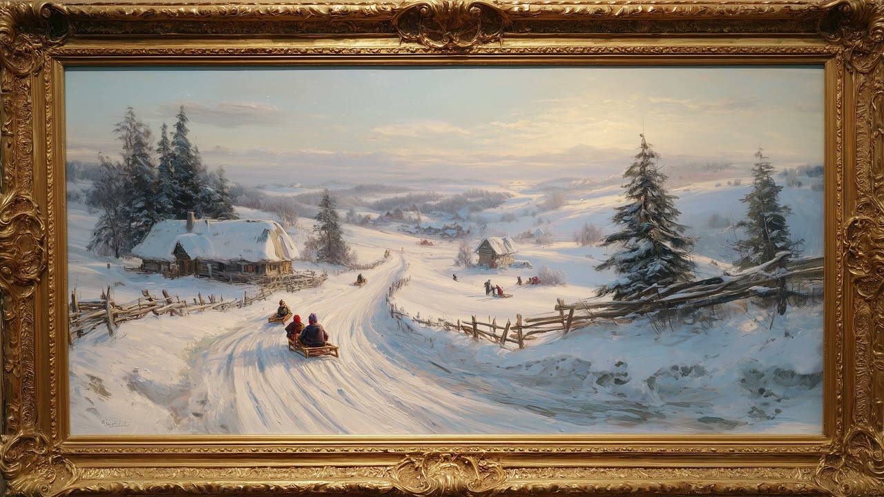 Children Sledding in a Rustic Winter Village | Vintage Oil Painting | Framed Art TV Wallpaper 4K
