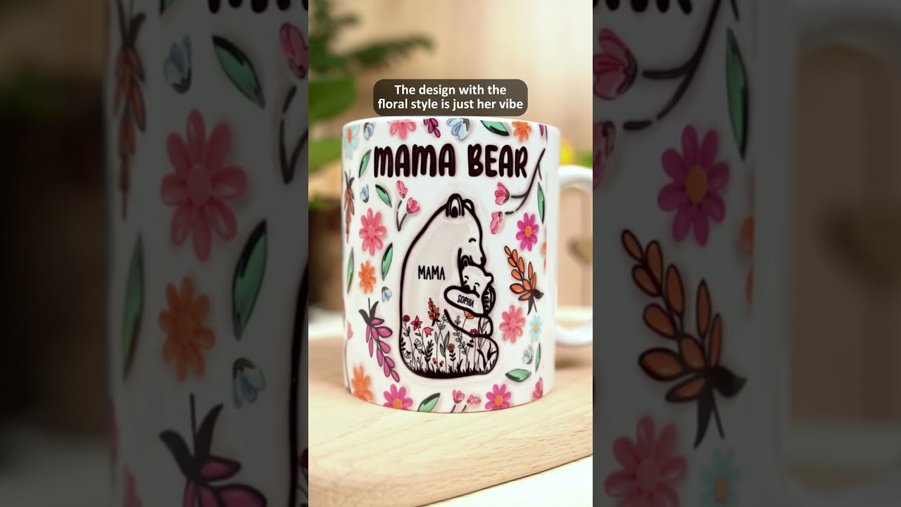 Mama Bear Floral Style - Gift For Mom - Personalized White Edge-to-Edge Mug