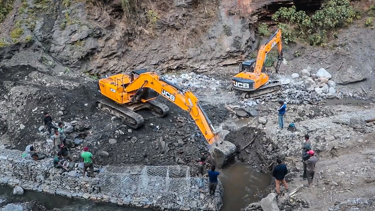 JCB Backhoe Removing Stones From a Hilly Road and Working For Bridge Construction -3 | JCB Video