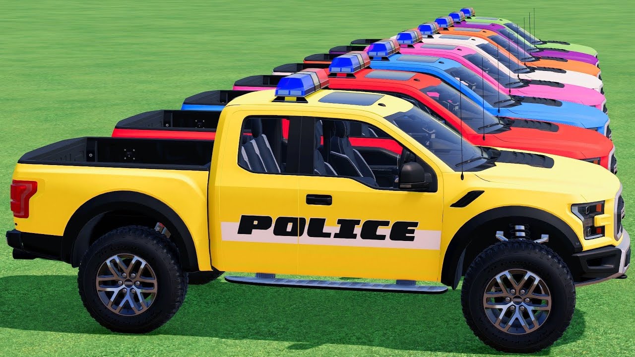 GO! POLICE CARS, AMBULANCE, FIRE TRUCK, COLORFUL CARS WITH TRUCK & TRAIN FARMING SIMULATOR 22! #132