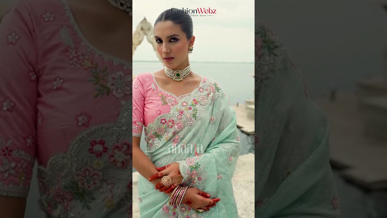 Beads Work Jacquard Silk Trendy Saree In Aqua Blue For Women