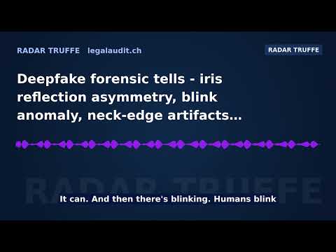 Deepfake forensic tells — iris reflection asymmetry, blink anomaly, neck-edge artifacts