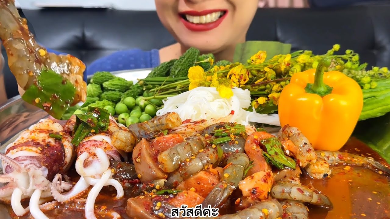 Thaifood ASMR ยำเหลาขนมจีนปลาร้า Fermented fish noodles salad MUKBANG show