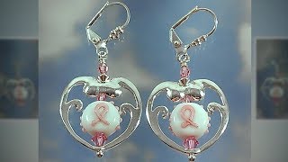 Swarovski Rose Crystal With Pink Ribbon Lampwork Heart Frame Earrings