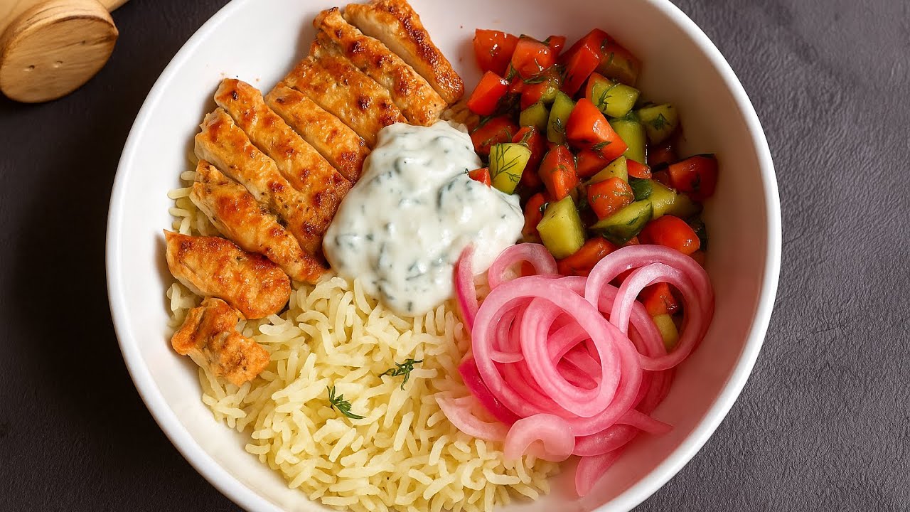 High Protein Chicken Rice Bowl Recipe | Greek Chicken Bowl with Saffron Rice & Tzatziki
