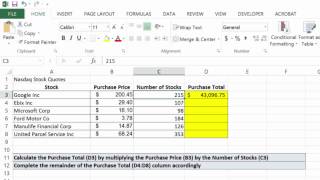 This video describes how to create a basic multiplication formula in
excel using the example of finding total purchase price various
stocks.