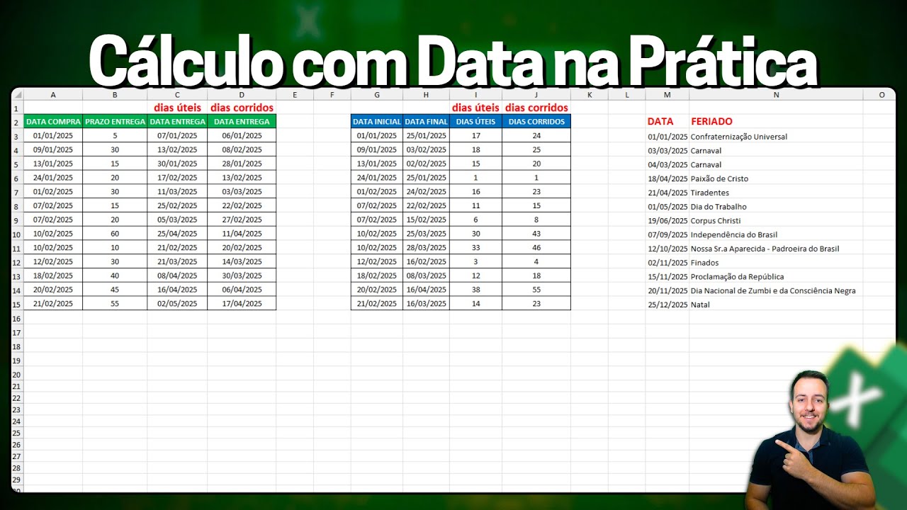 Como Calcular Dias úteis e corridos no Excel com Feriados e Finais de Semana | Diferença entre Datas