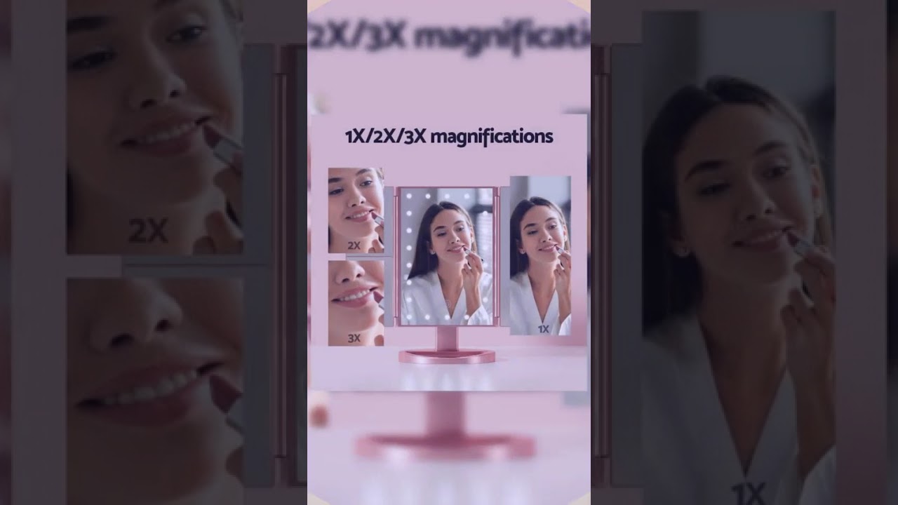 Embellir Tri-fold Makeup Mirror 1X2X3X Magnifying with LED Light Travel Portable Pink