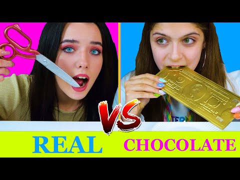 REAL FOOD VS CHOCOLATE FOOD CHALLENGE NEW EATING SOUNDS