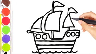 Ship 🚢🌊 Drawing, Painting, Coloring ✏🎨 for Kids and Toddlers with watercolors. How to Draw Together