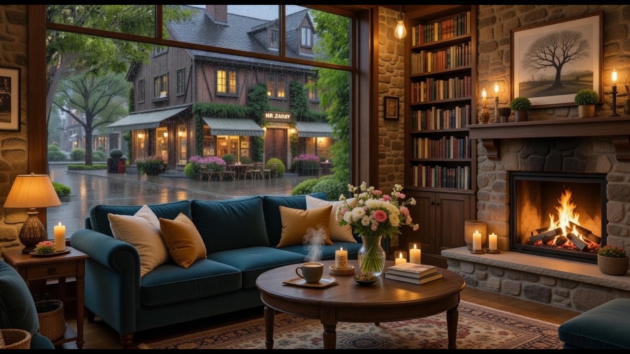Rainy Spring Cafe Ambience ☕ Relaxing Jazz Piano with Fireplace & Rain Sounds for Work and Study