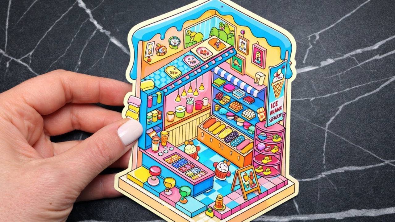 ASMR Make a cat ice cream shop with scene stickers 