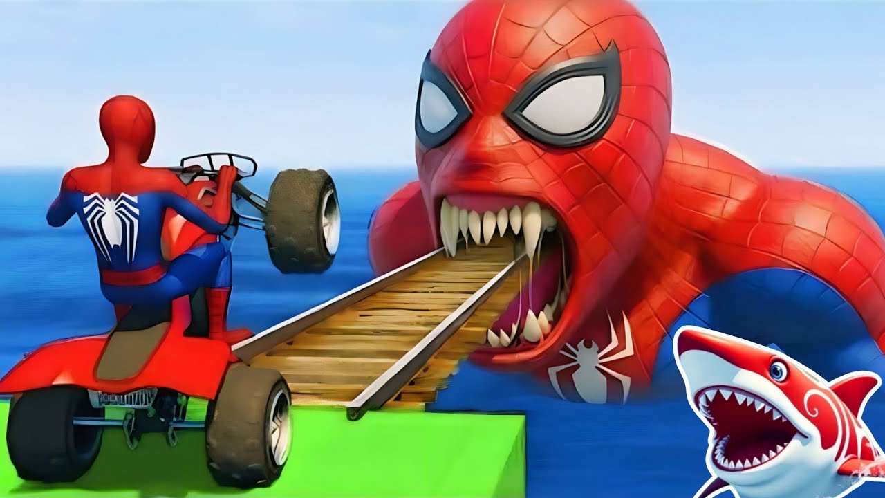 سبايدر مان اصعب دراجة نارية فوق اسماك القرش - Superheroes Ride on Motorcycle Stunt Funny Moments??