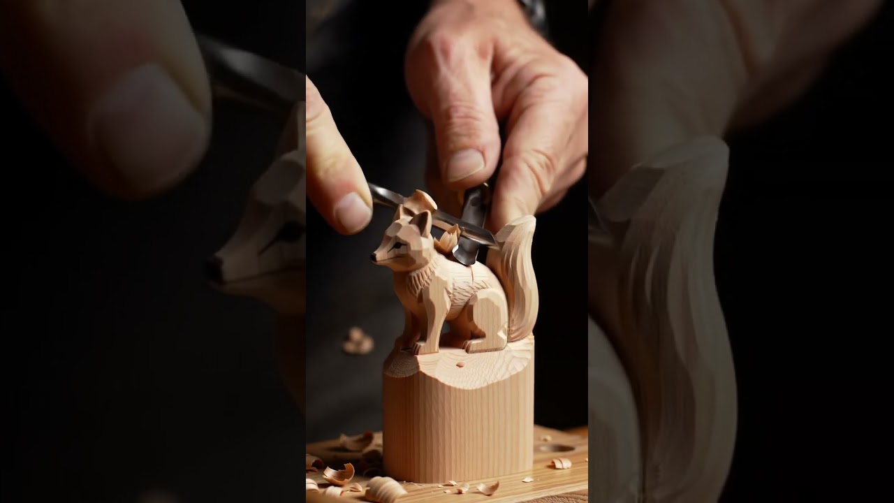 Carving a Tiny Fox From a Block of Wood 力