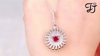 Sterling Silver Cubic Zirconia Ruby Flower Pendant Necklace - FarJary