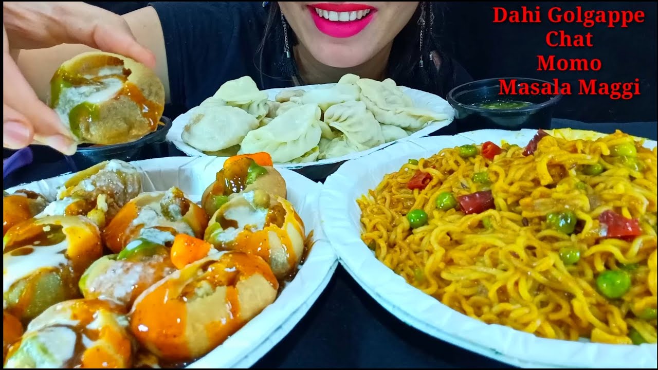 Eating Dahi Golgappe Chaat, Spicy Special Masala Maggi, Momo | Indian Street Food Mukbang | Foodie