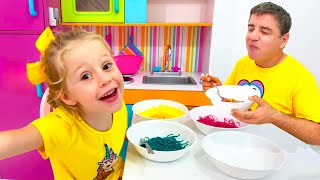 Nastya and Stacy Prepare Rainbow Noodles and Popcorn for Dad - Fun Competition for kids