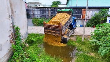 nicely start landfill new project ! Bulldozer D20P old man PUSH stone with team Dump truck UNLOADING