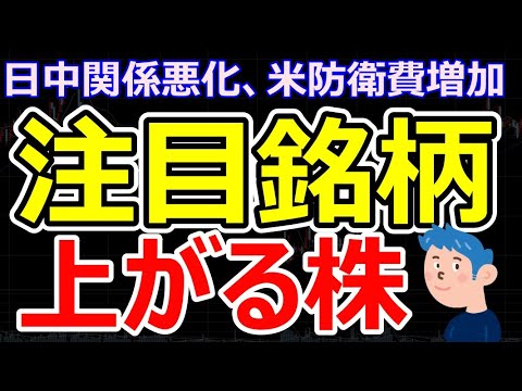 【注目銘柄】日中関係の悪化で下がる自動車株、米防衛費増で上がる防衛株(三菱重工業は高値更新)、信越化学は株価浮上できるのか？
