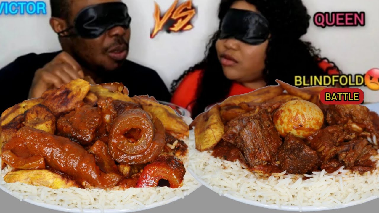 BLINDFOLD FOOD CHALLENGE | AMAZING REACTION | RICE AND STEW WITH ASSORTED MEAT & RIPE PLANTAIN |ASMR