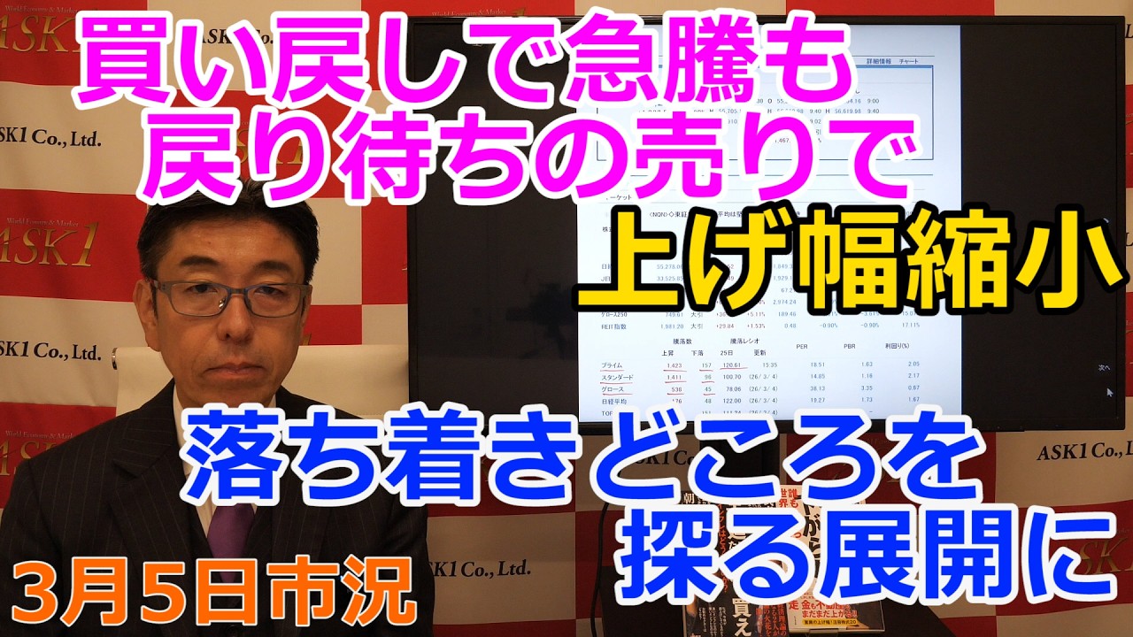 2026年3月5日【買い戻しで急騰も戻り待ちの売りで上げ幅縮小　落ち着きどころを探る展開に】（市況放送【毎日配信】）