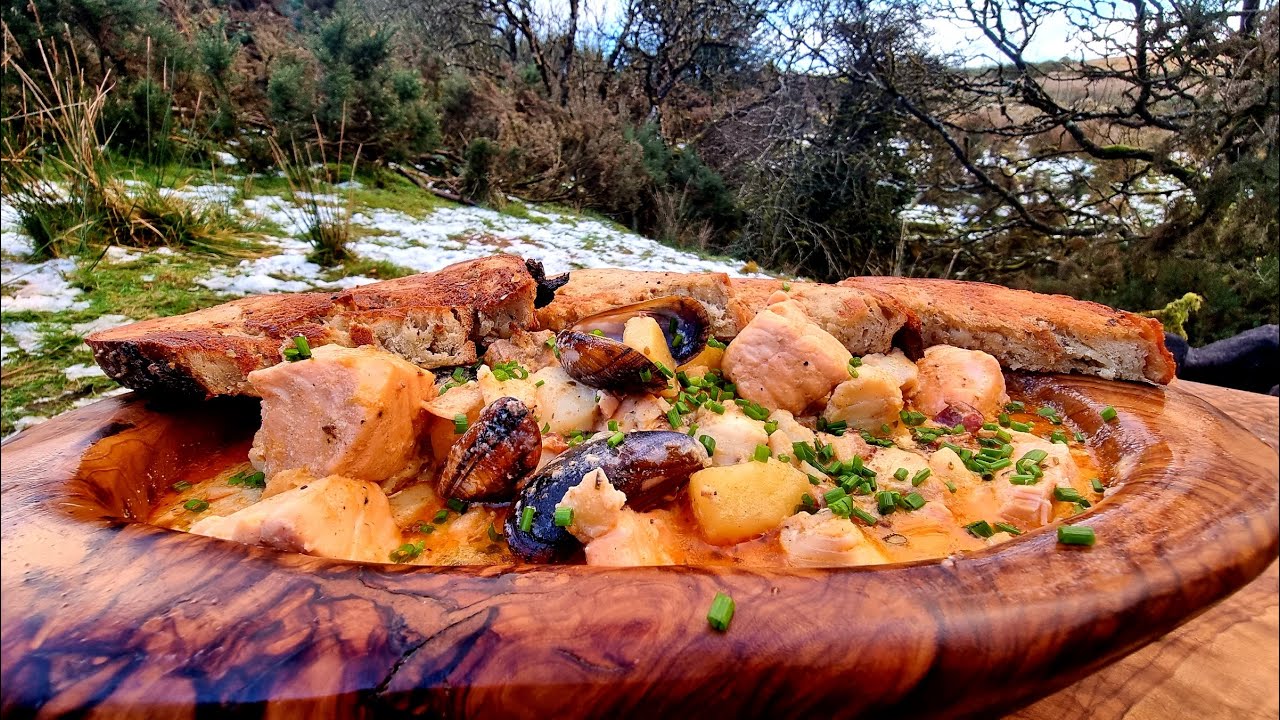 Best Sea food Chowder with freshly baked bread in variable weather 🌨️❄️☀️ASMR cooking in the wild 🔥🔥
