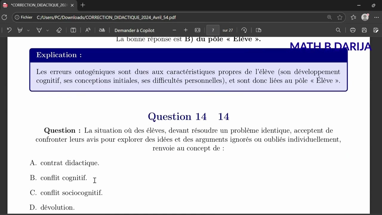Concours de Didactique des Mathématiques Avril 2024 - Correction des questions 11 à 20