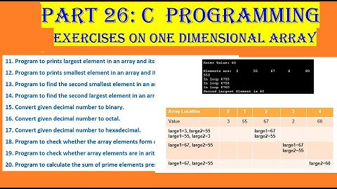Video 26: C Programming, One Dimension (1D) Array exercises, largest,  snallest, binary, octal, hex