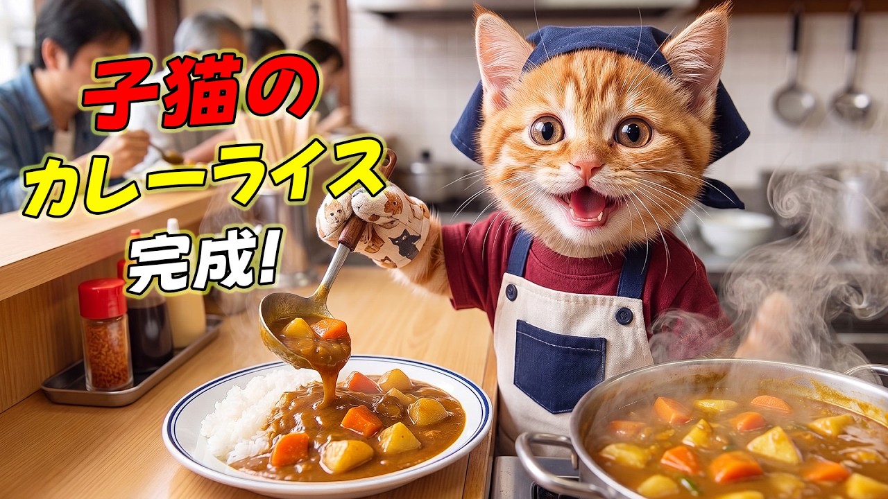 【大逆転】可愛いエプロン姿で子猫のカレーライス作りに挑んだここにゃん...熱々のルーが跳ねて大ピンチになりながらも一生懸命に盛り付けた物語🍛✨