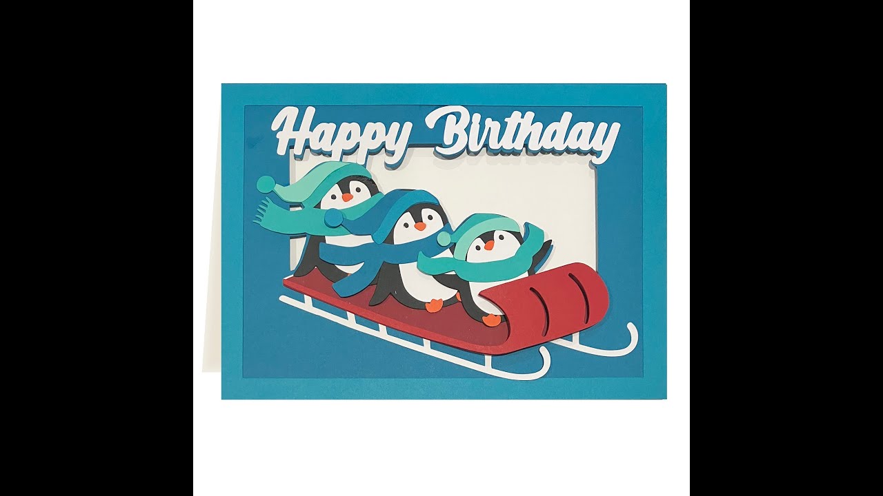 Penguin Birthday Card SVG, Cute Winter Penguins Sleigh Riding, Happy Birthday Card Crafting