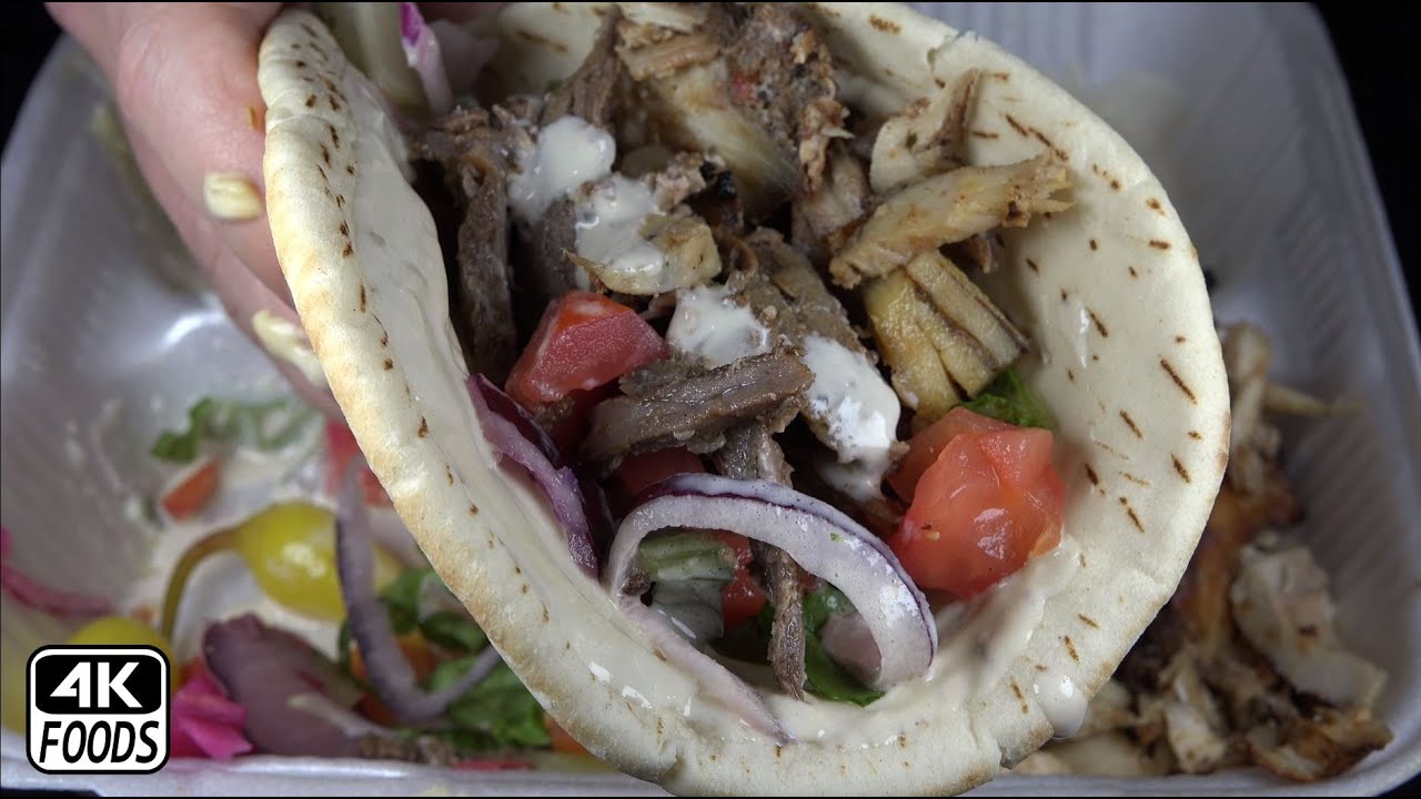 4k Foods ASMR Chicken and Beef Shawarma with Hummus and Tahini Plate