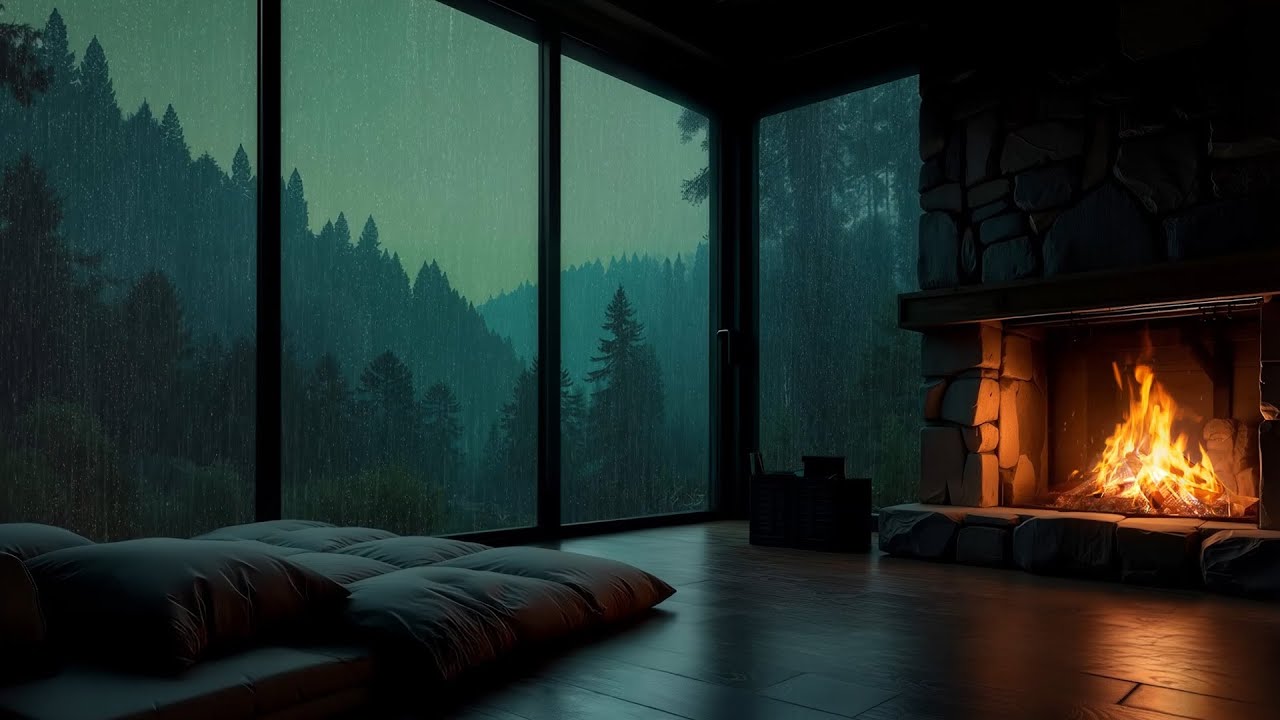 Rain Beyond the Window, Fire Inside the Room 🌧️ Dark Cozy Night with Soft Piano Music
