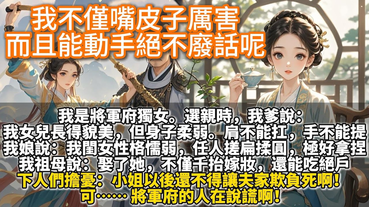 完結變態爽文：我不僅嘴皮子厲害，而且能動手絕不廢話呢。我是將軍府獨女。選親時，我爹說:我女兒長得貌美，但身子柔弱。 肩不能扛，手不能提。我娘說:我閨女性格懦弱，任人搓扁揉圓。而且耳根子還軟，極好拿捏。