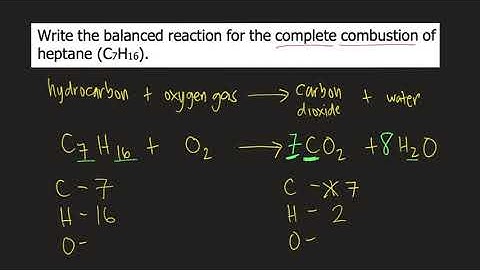 Write the balanced reaction for the complete combustion of heptane (C7H16).