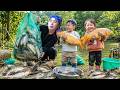 Going fishing, catching giant fish to sell at the market, cooking, buying fruit for the two children