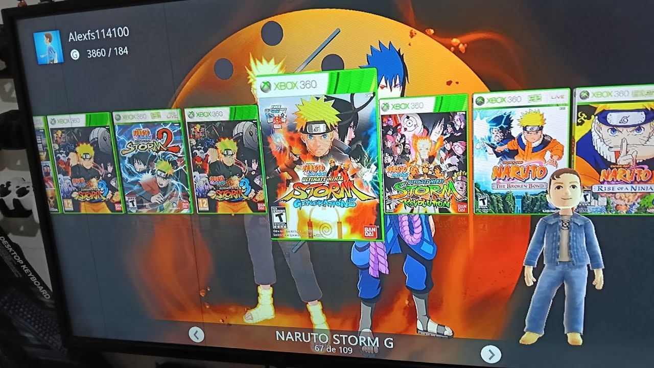Disco duro 1 con Bad avatar Tera para xbox 360 lleno de juegos al gusto probando Naruto 