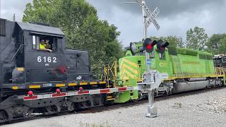 2 Locos Lead LHF, Engineer Waves, Big Weird Machine Load On Norfolk Southern & Terrible Storm Damage
