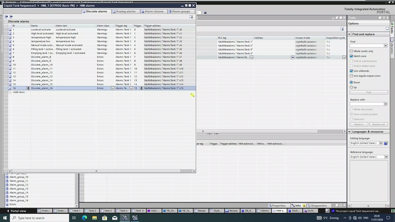 Объяснение сигналов тревоги ПЛК | Обработка ошибок секвенсора резервуара с жидкостью в TIA Portal...