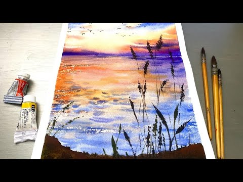 Sunset Lake-Simple Watercolor Painting -Tutorial for Beginners Step by Step
