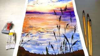 Sunset Lake-Simple Watercolor Painting -Tutorial for Beginners Step by Step
