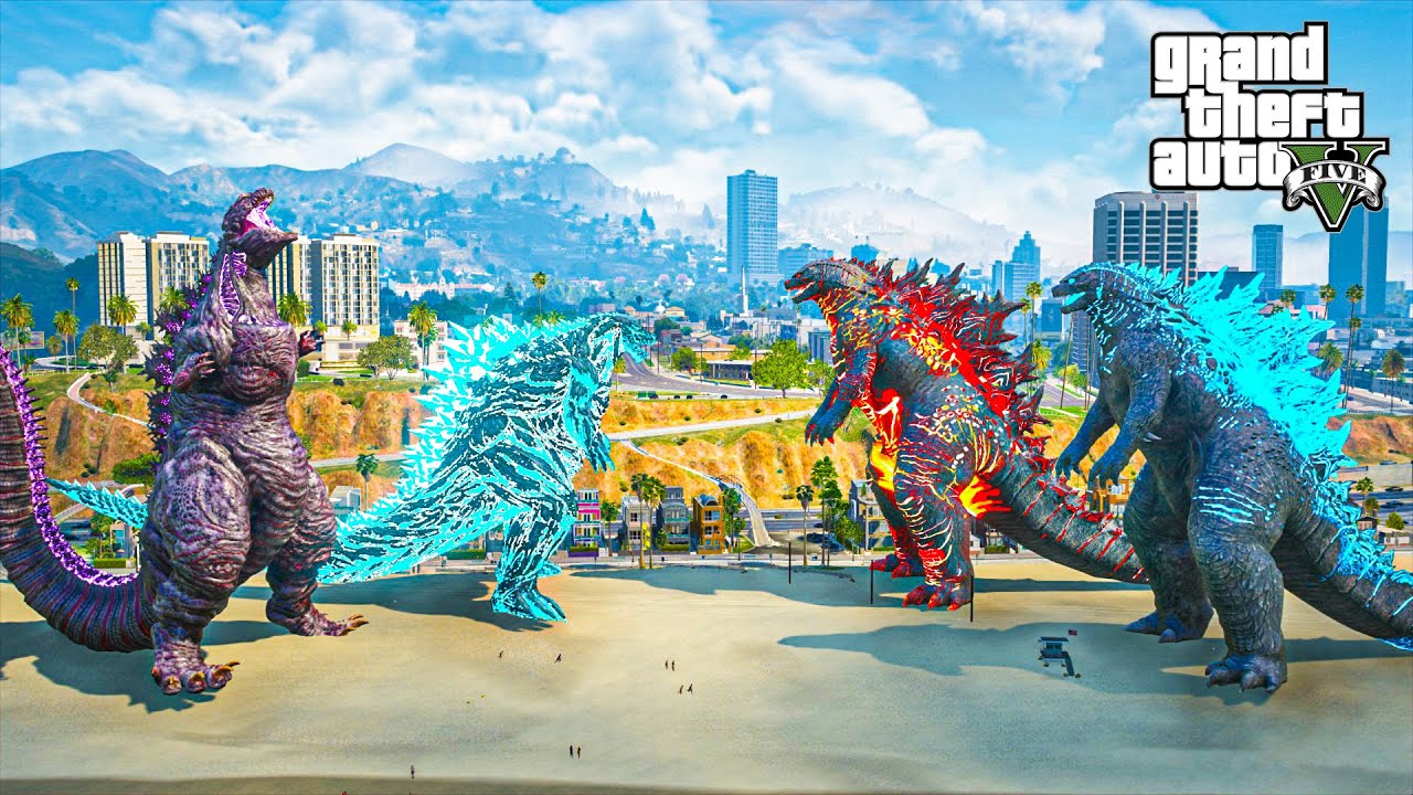 GTA 5 Mods - Atomic Godzilla & Thermo Godzilla 2024 vs Shin Godzilla & Godzilla Earth | Epic Battle