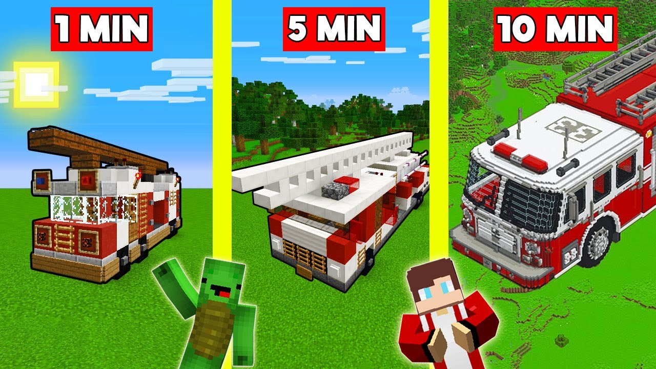 FIRE TRUCK Build Battle In Minecraft - NOOB VS PRO CHALLENGE - Maizen Mizen Mazien Parody