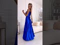 Elegant long satin dress with a neckline and leg slit - royal blue