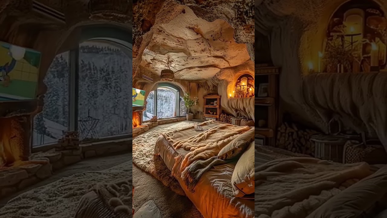 Escape to a Cozy Cave Bedroom with a Crackling Fire and Blizzard Outside – Pure Winter Bliss 